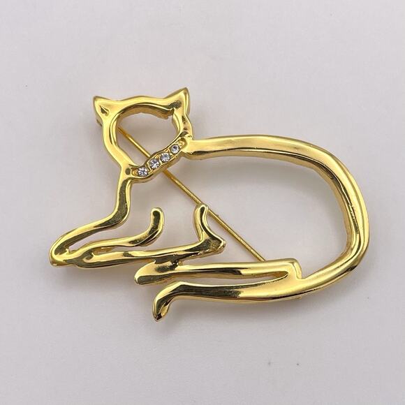 Gold Tone Openwork Cat Kitten Brooch Pin Rhinestone Collar Signed AAi Vintage - Picture 1 of 7